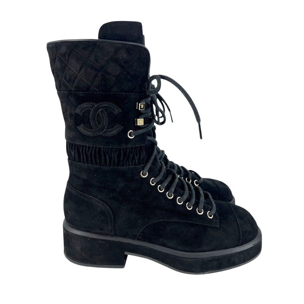 Chanel CC Suede Quilted Lace Up Combat Cap Toe Boots in Black